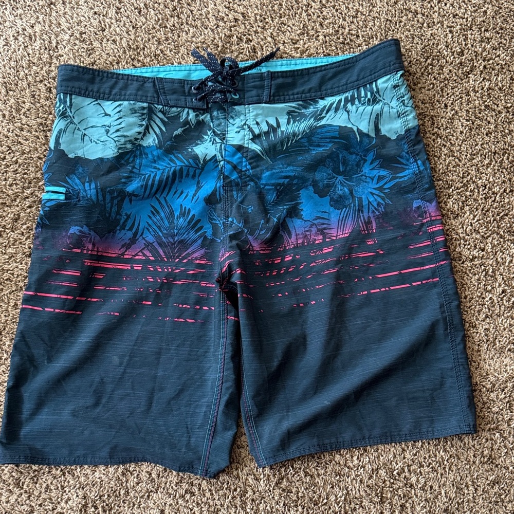 burnside Blue Teal Gradient Tropical Swim Board Shorts with Pink Accents